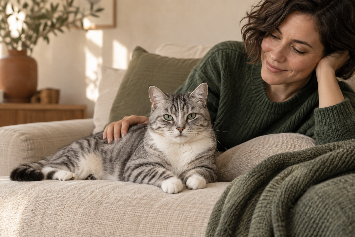 Escena de marca creada con IA: un gato atigrado descansa junto a su cuidadora